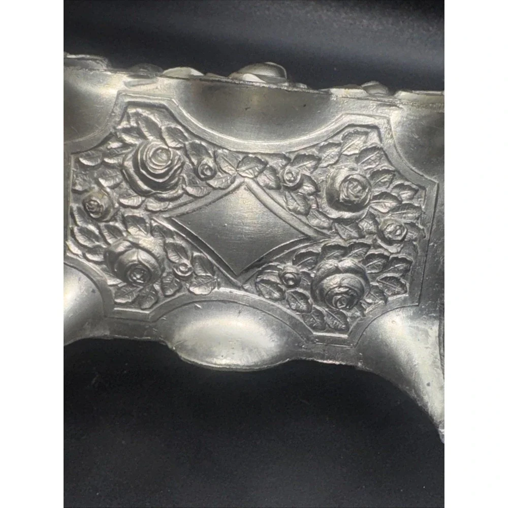 Ornate Antique Metal‎ Jewelry Casket Footed Box Trinket Roses Motif Hinged Lined